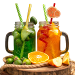 vertical-view-delicious-fresh-juices-fruits-wooden-tray-brown-background